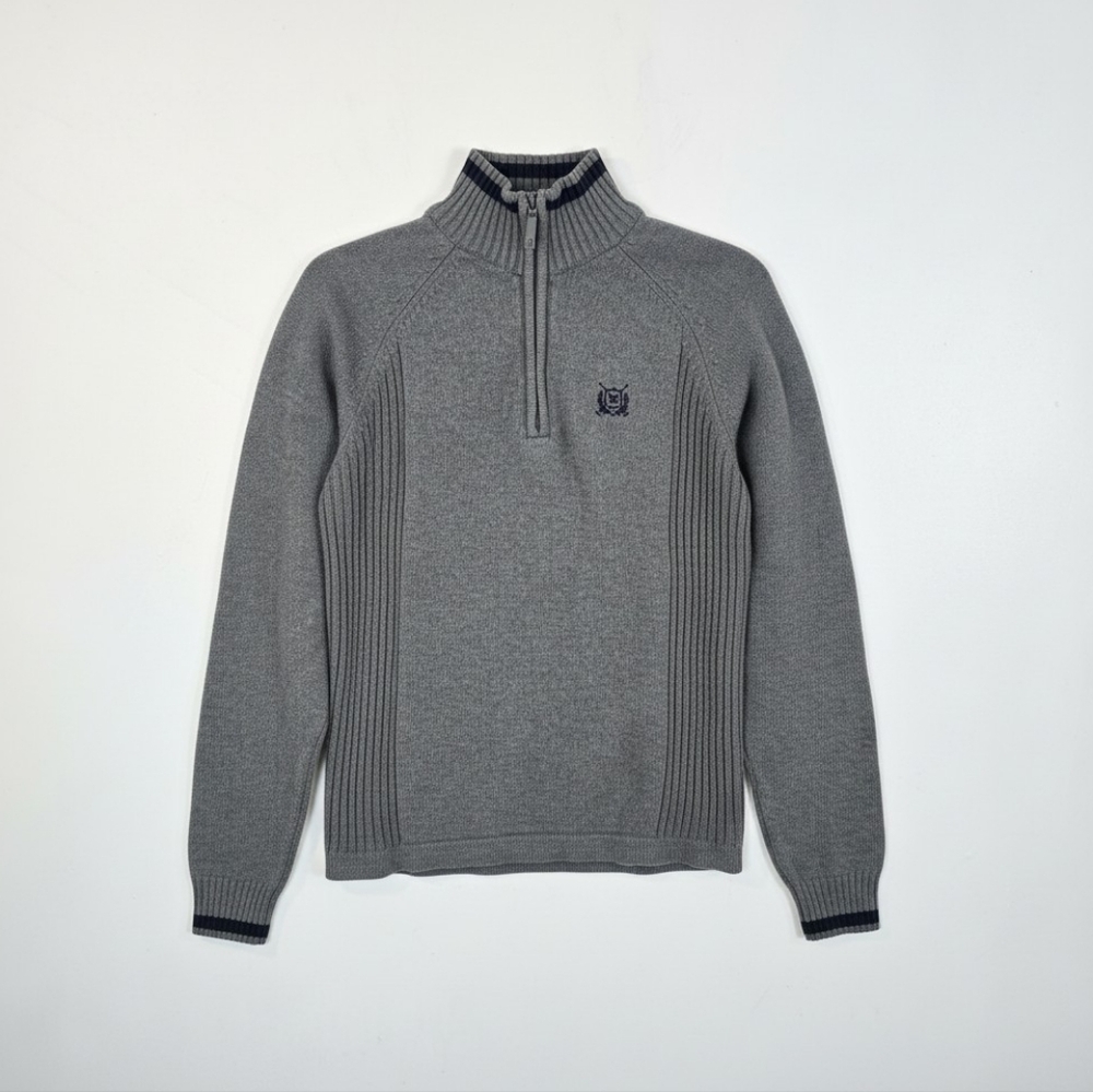 Gray Quarter Zip Cotton Sweater Mock Neck Preppy Mens Small